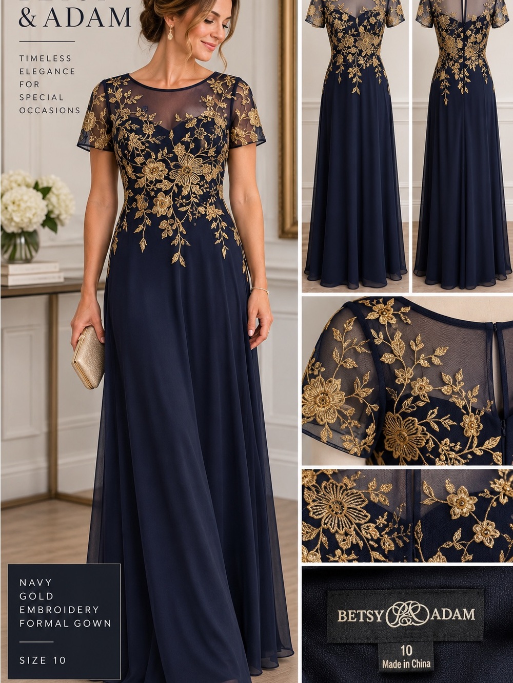 Betsy & Adam Navy Maxi Gown with Gold Floral Embroidery